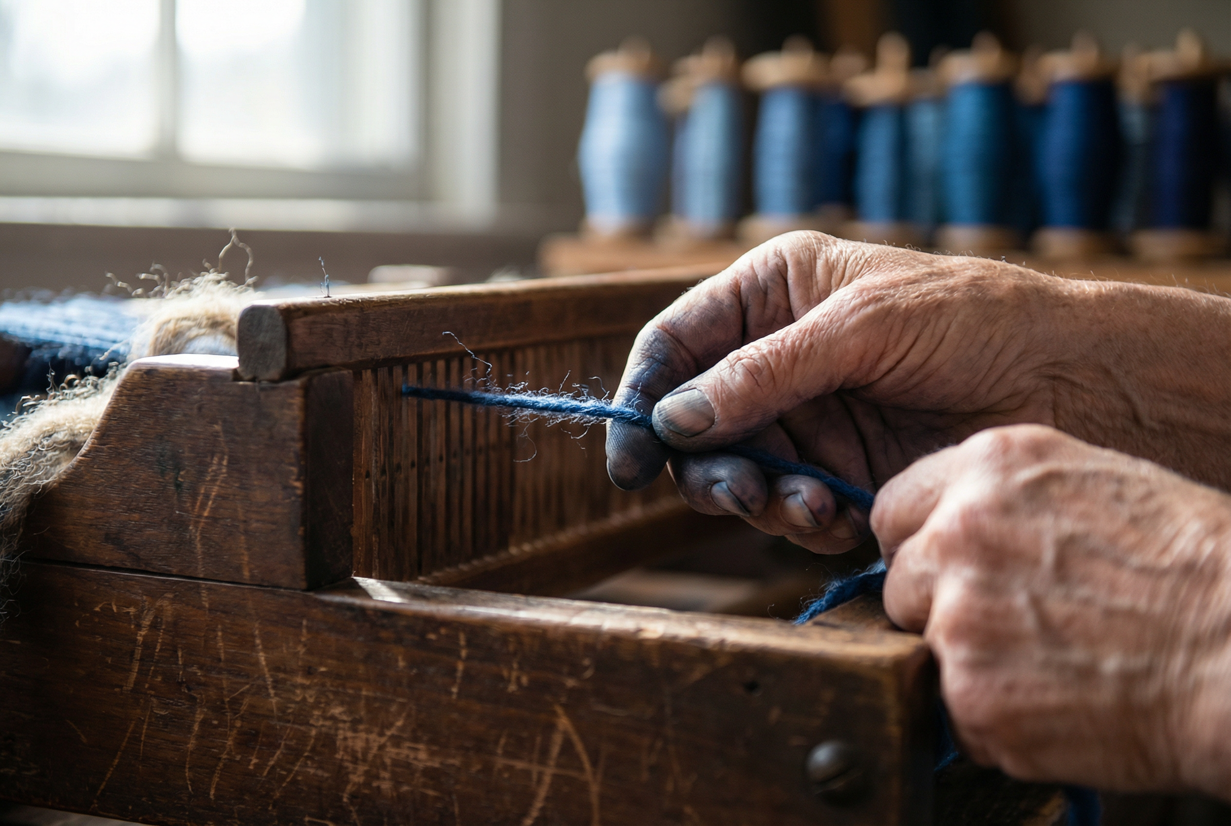 Geleneksel dokuma tezgahinda calisan usta elleri