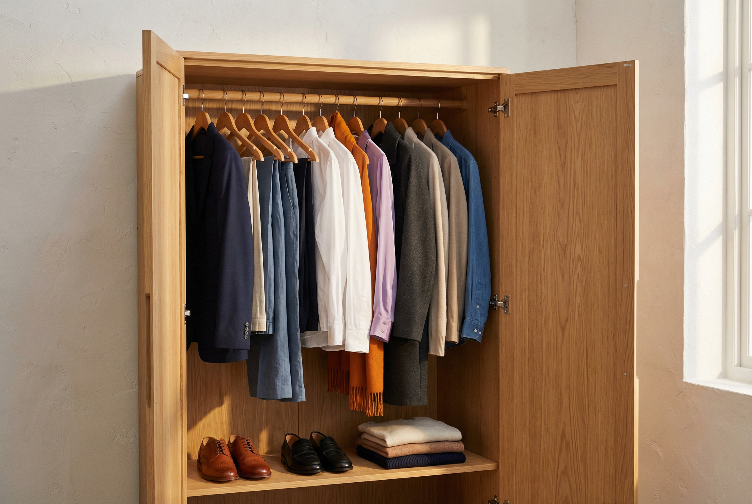 Minimalist ahsap gardropta asili kiyafetler