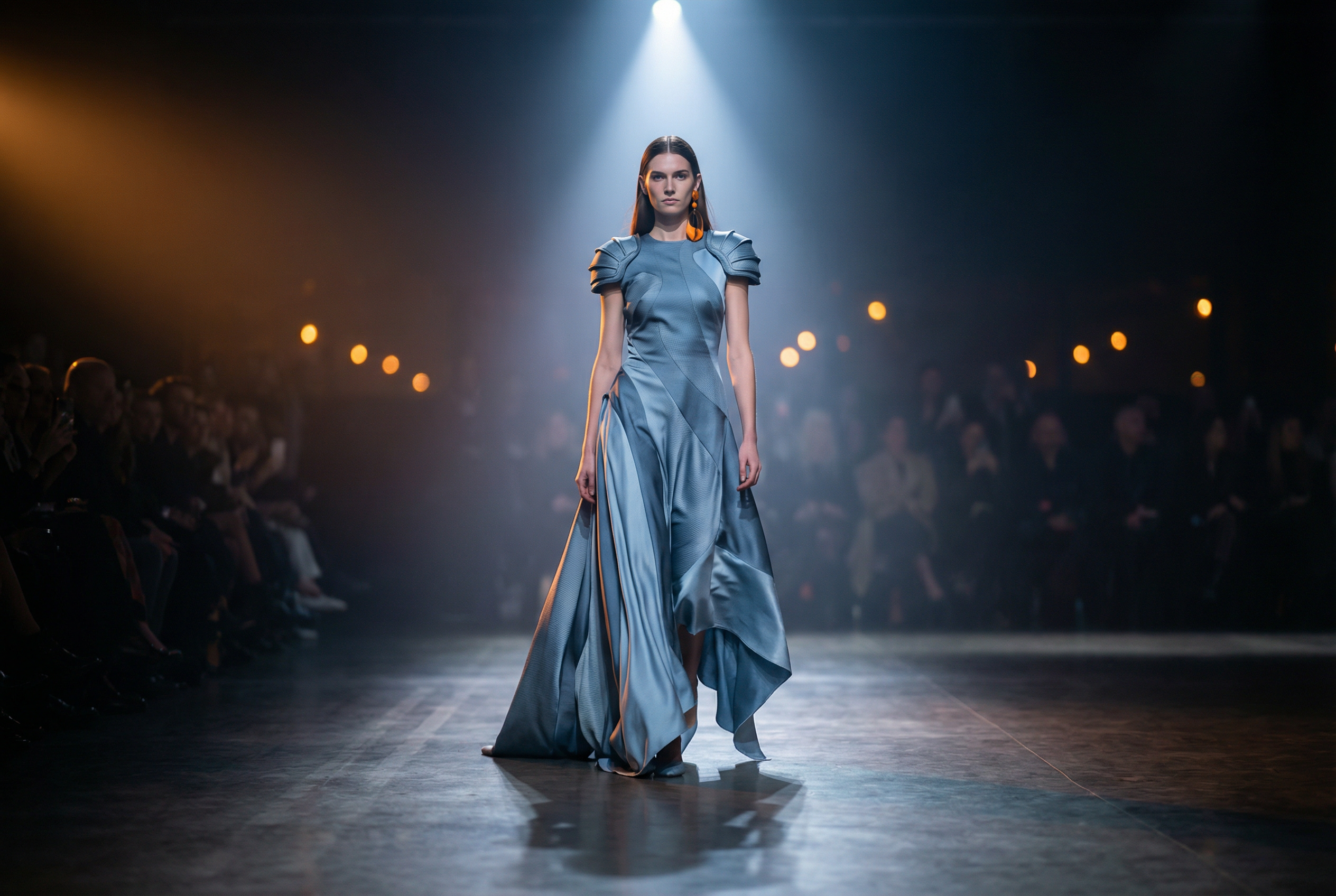 Podyumda yuruyus yapan mavi elbiseli model